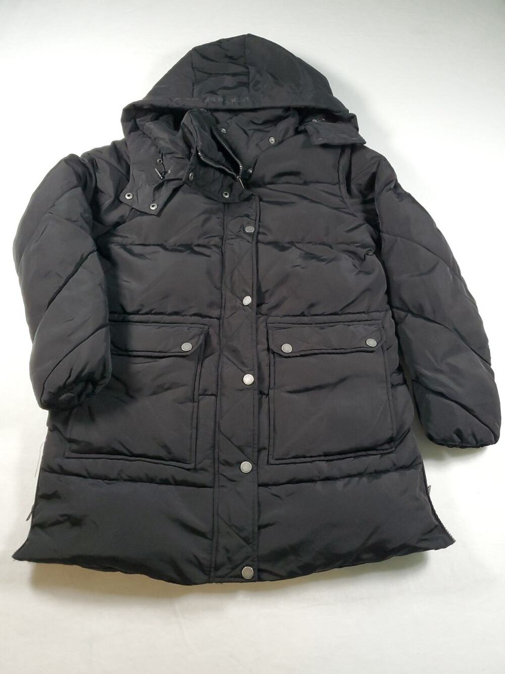 Lucky Brand Sustainable Insulation Winter Puffer Coat Black Hooded Sz M Zip Up